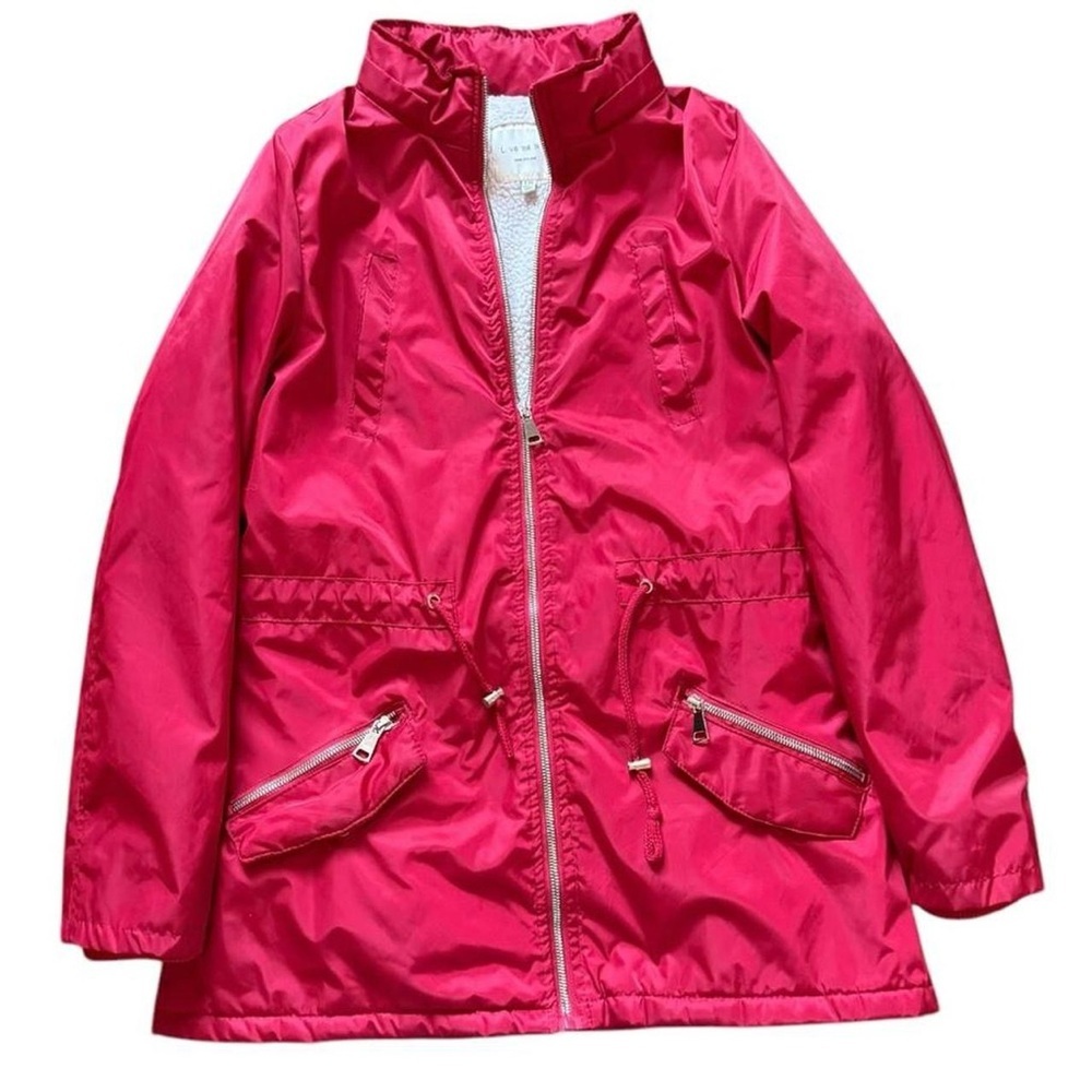 A118-Red nylon windbreaker jacket with zipper pockets & adjustable waist jacket